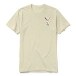A latte short-sleeve crewneck t-shirt for adult featuring a graphic of a cat on the left chest.