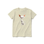 A latte short-sleeve crewneck t-shirt for youth featuring a graphic of a cat on the front.