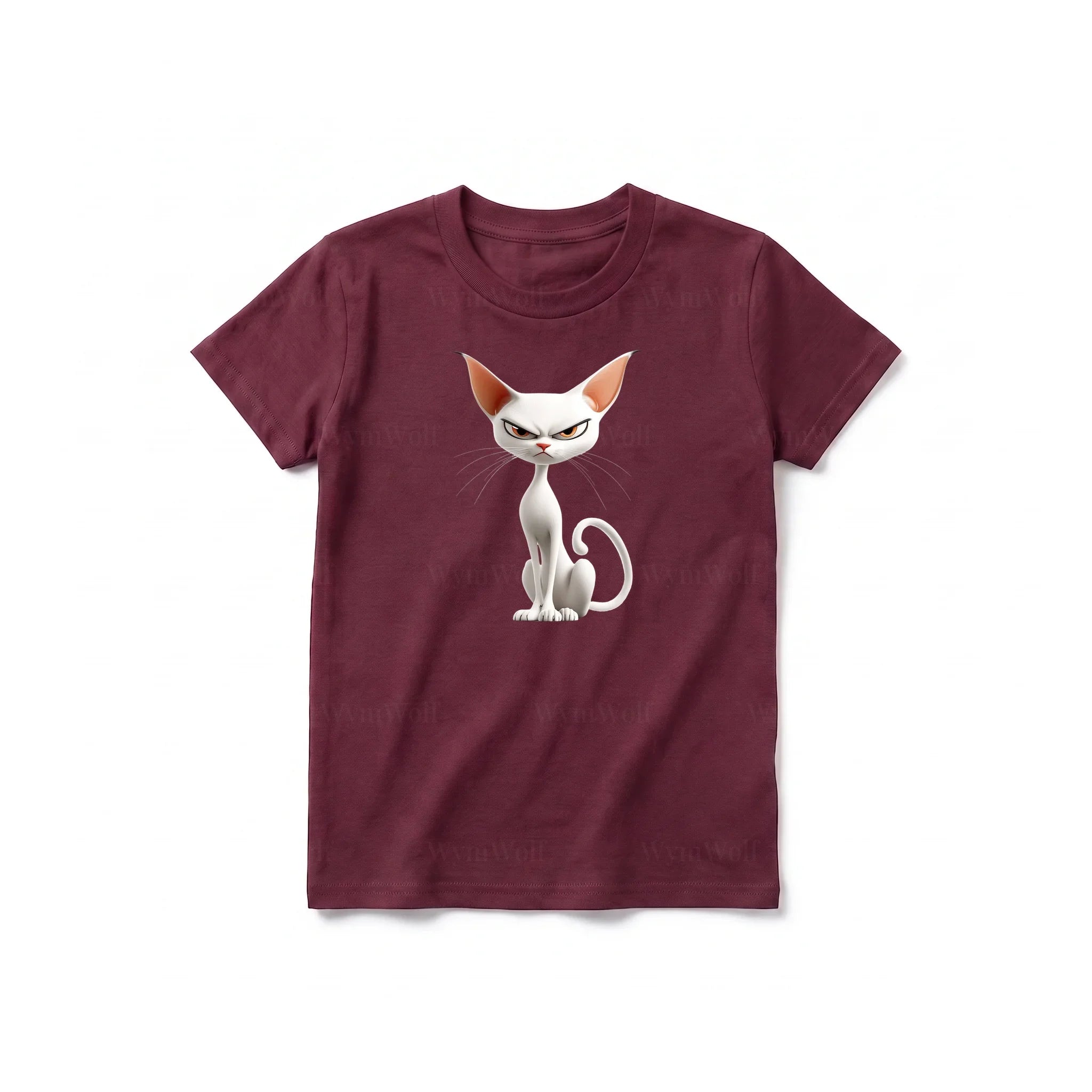 Un T-shirt marron à manches courtes et col rond pour jeune, orné d'un motif représentant un chat sur le devant.