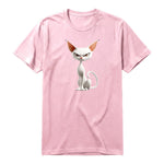 A pink short-sleeve crewneck t-shirt for adult featuring a graphic of a cat on the front.