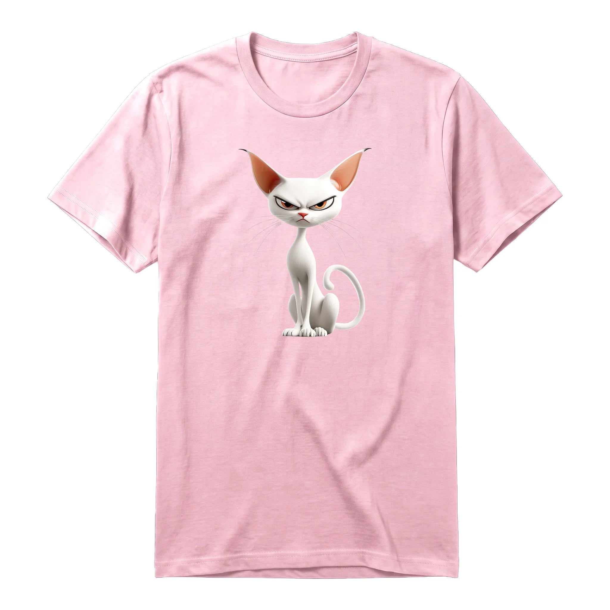 A pink short-sleeve crewneck t-shirt for adult featuring a graphic of a cat on the front.