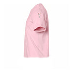 A pink short-sleeve crewneck t-shirt  featuring a small graphic of a cat on the upper left sleeve.