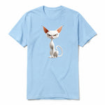 A powder short-sleeve crewneck t-shirt for adult featuring a graphic of a cat on the front.