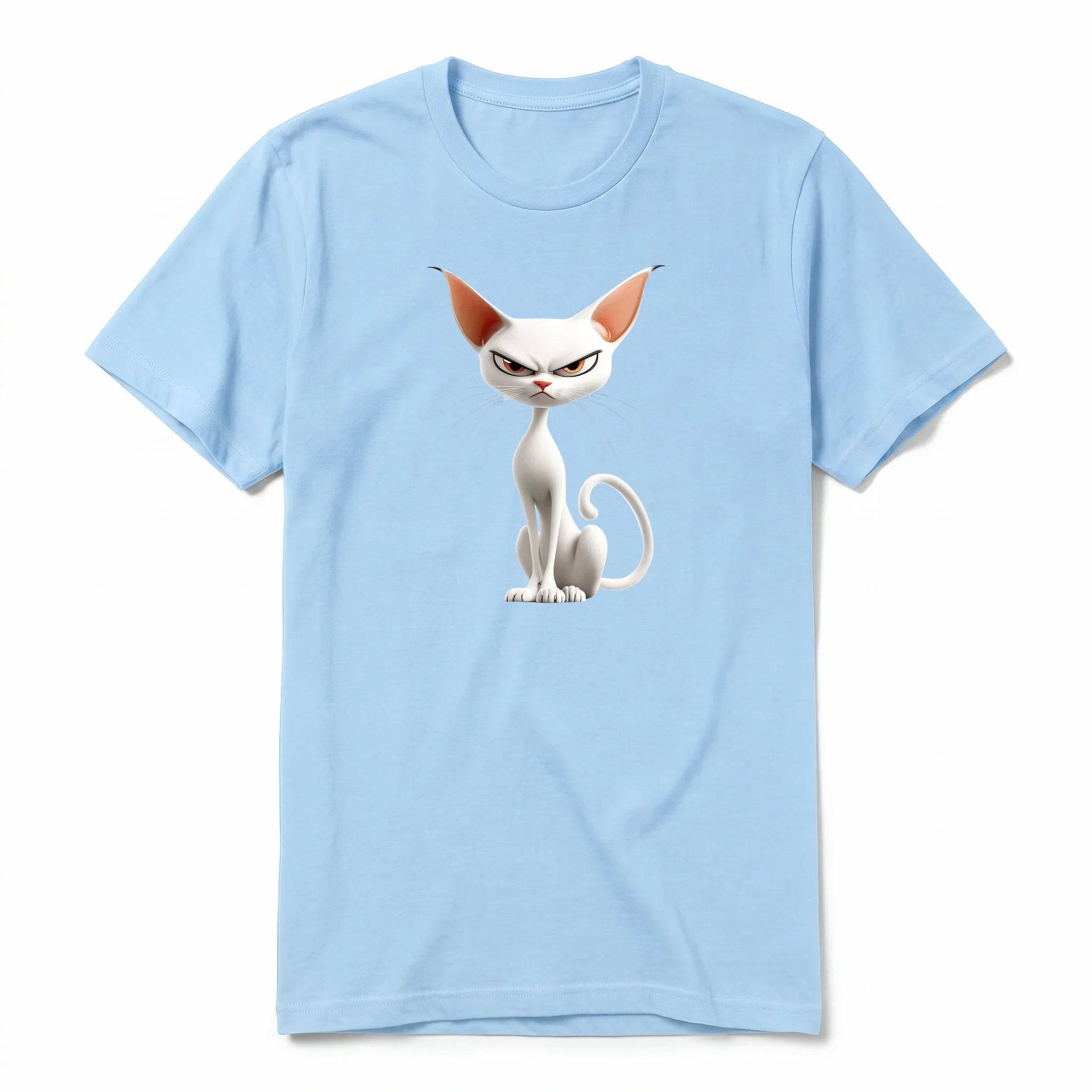 A powder short-sleeve crewneck t-shirt for adult featuring a graphic of a cat on the front.