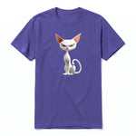 A purple short-sleeve crewneck t-shirt for adult featuring a graphic of a cat on the front.