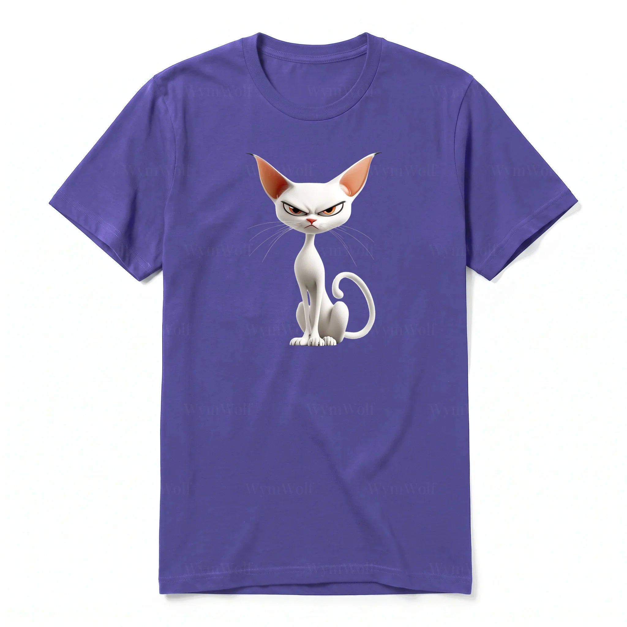 A purple short-sleeve crewneck t-shirt for adult featuring a graphic of a cat on the front.