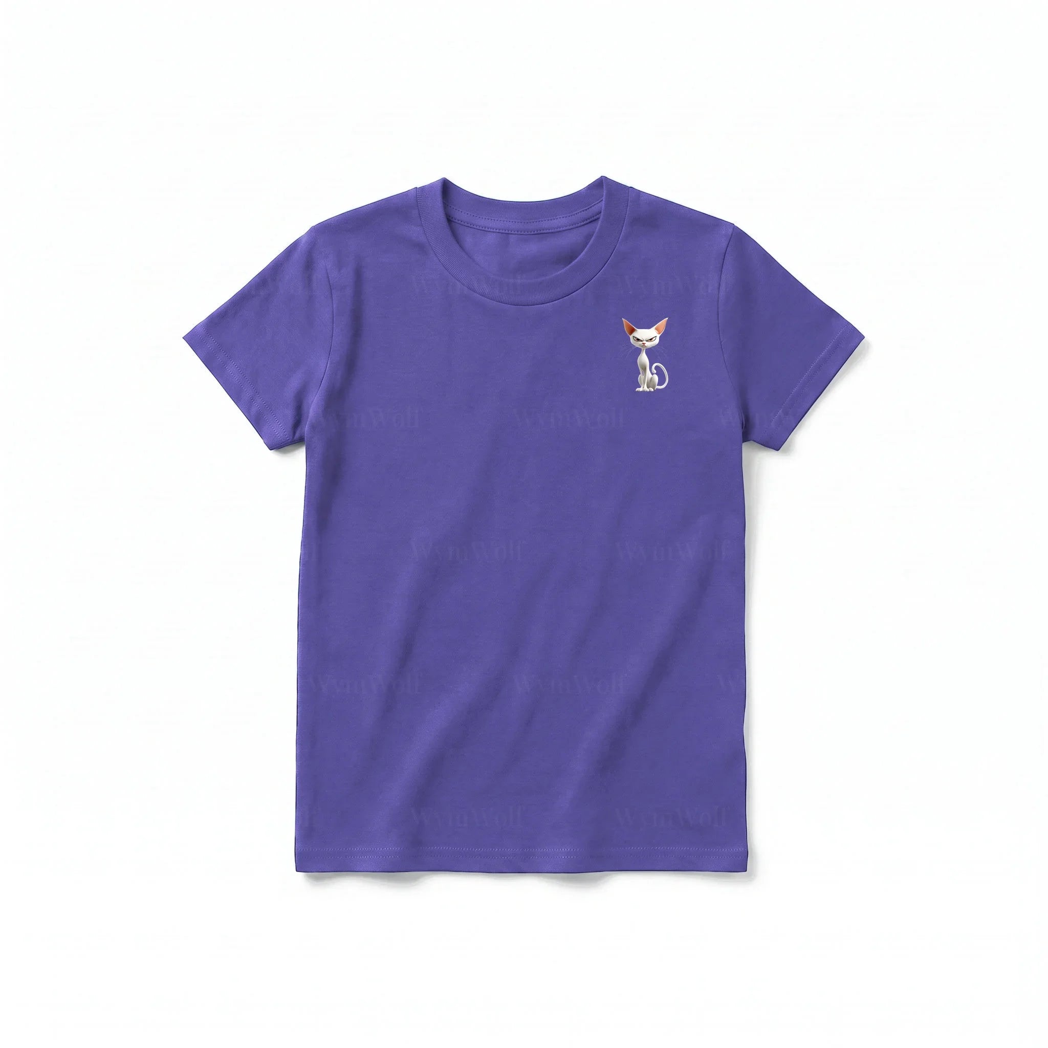 A purple short-sleeve crewneck t-shirt for youth featuring a graphic of a cat on the left chest.