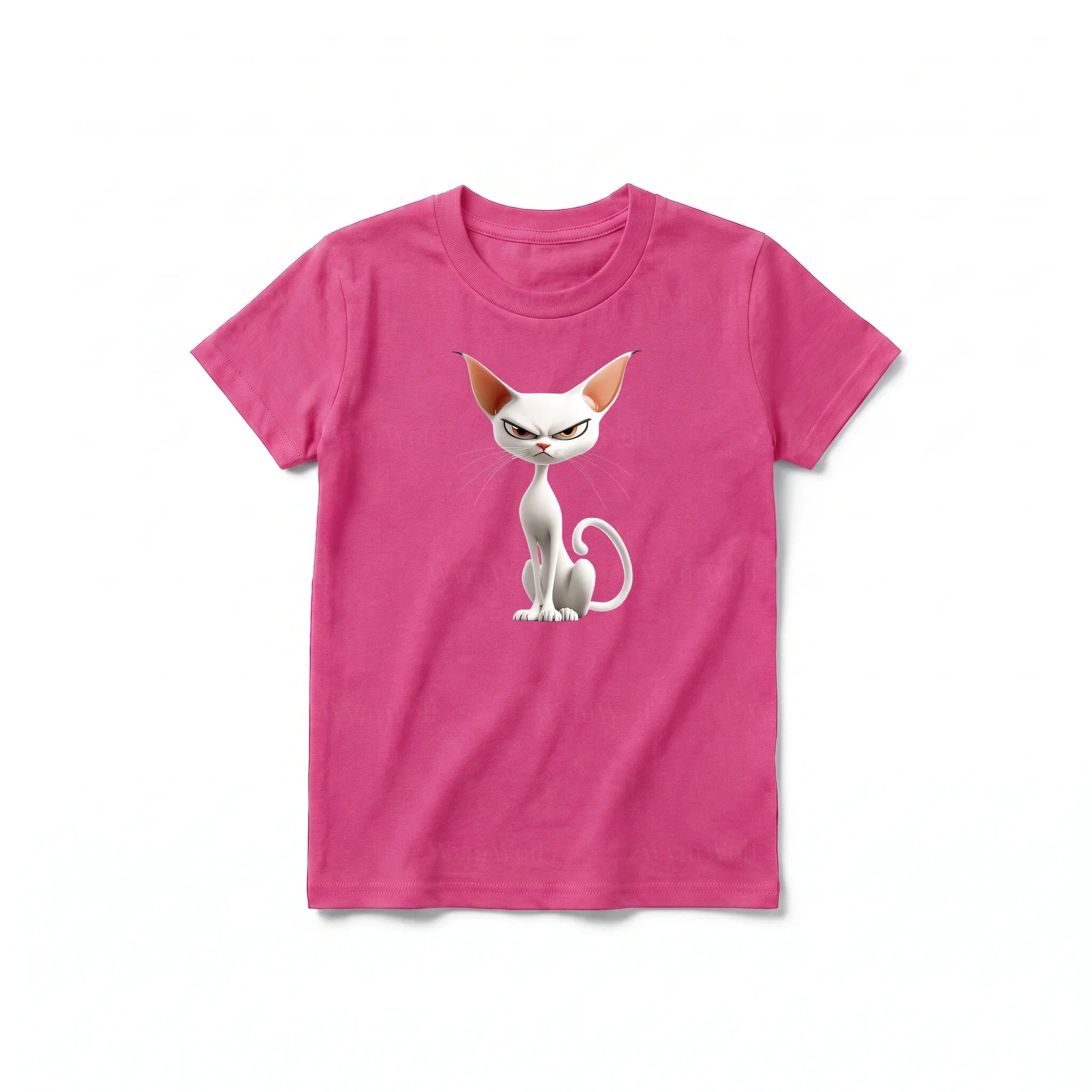 A raspberry short-sleeve crewneck t-shirt for youth featuring a graphic of a cat on the front.