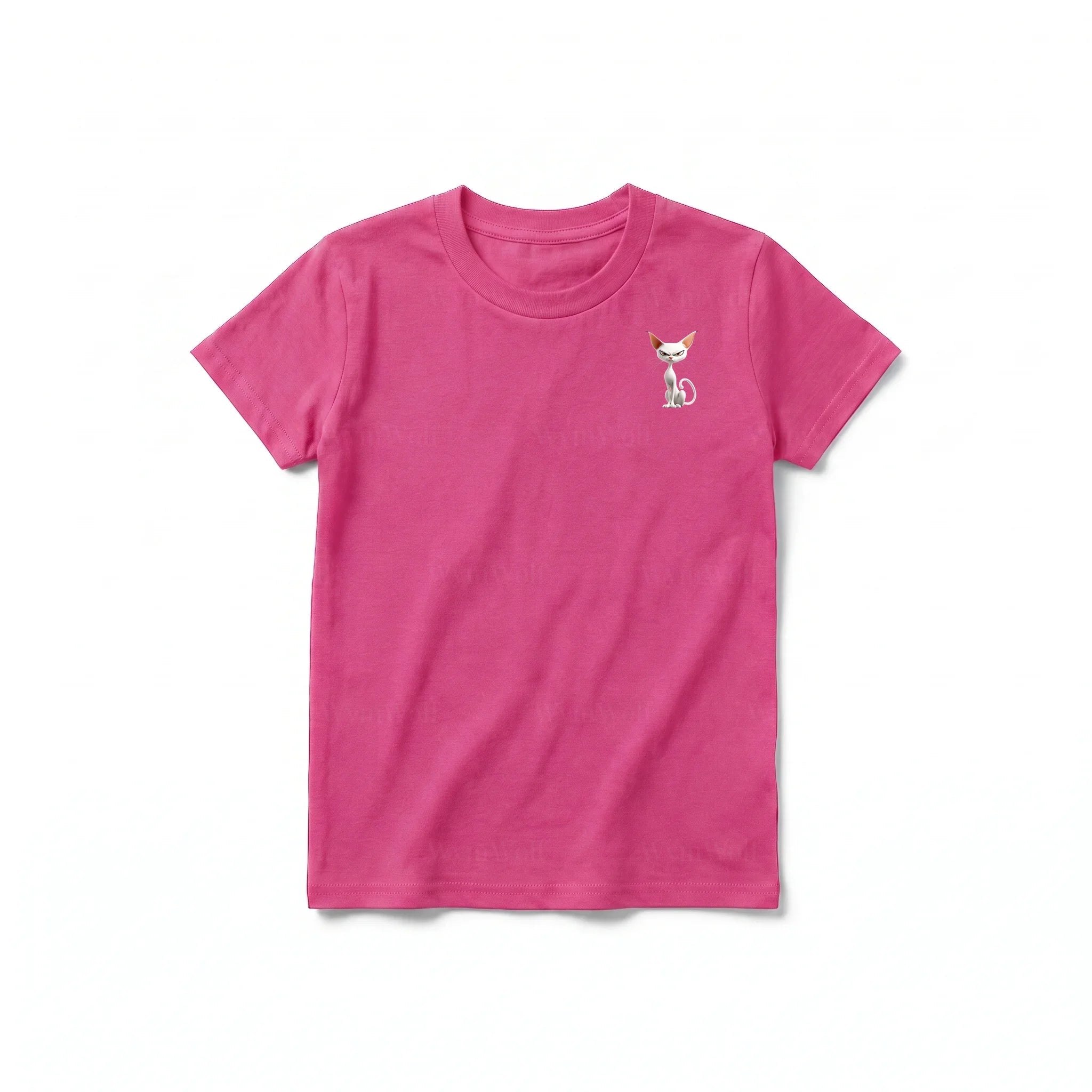 A raspberry short-sleeve crewneck t-shirt for youth featuring a graphic of a cat on the left chest.