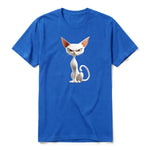A royal short-sleeve crewneck t-shirt for adult featuring a graphic of a cat on the front.