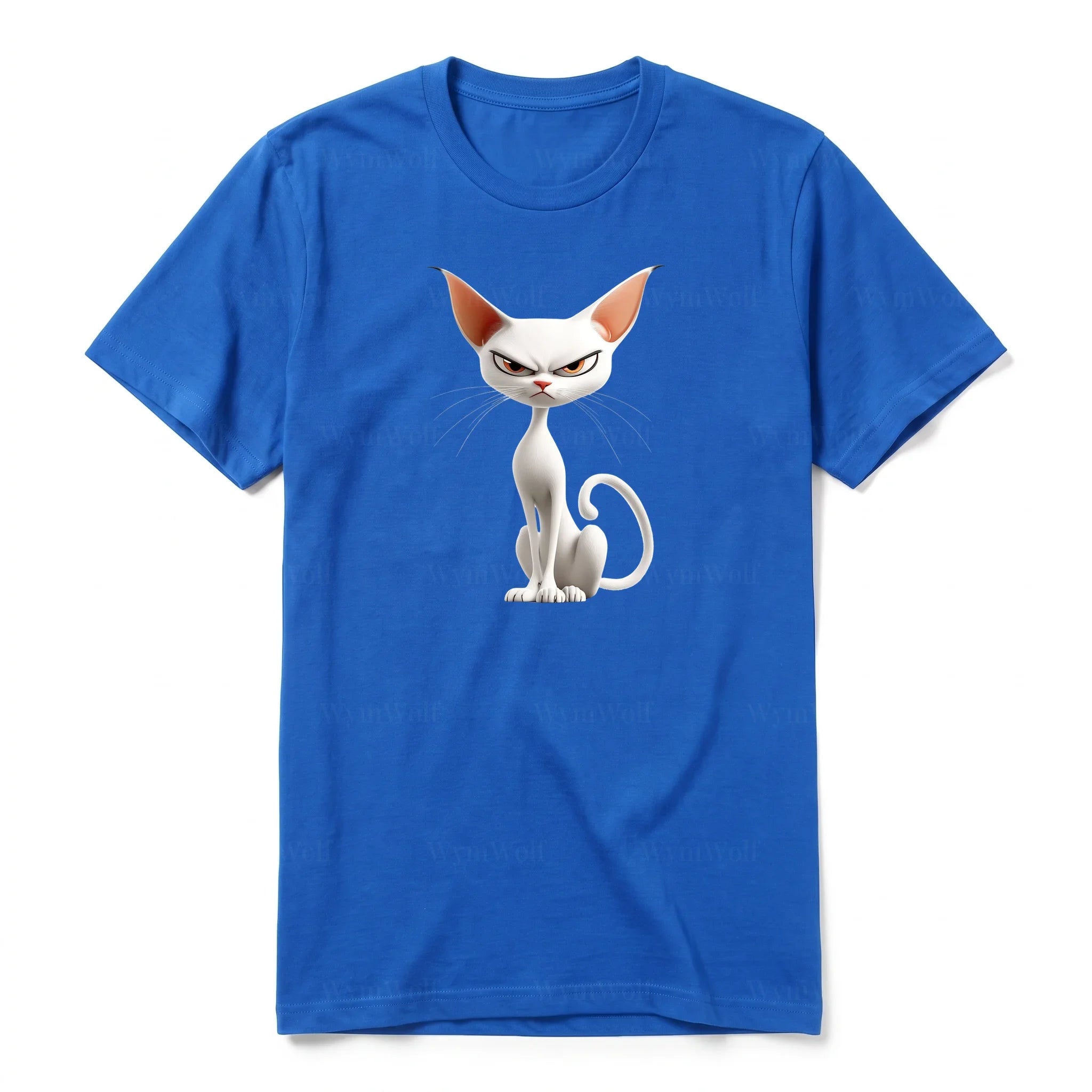 A royal short-sleeve crewneck t-shirt for adult featuring a graphic of a cat on the front.