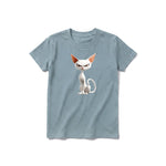 A sage short-sleeve crewneck t-shirt for youth featuring a graphic of a cat on the front.
