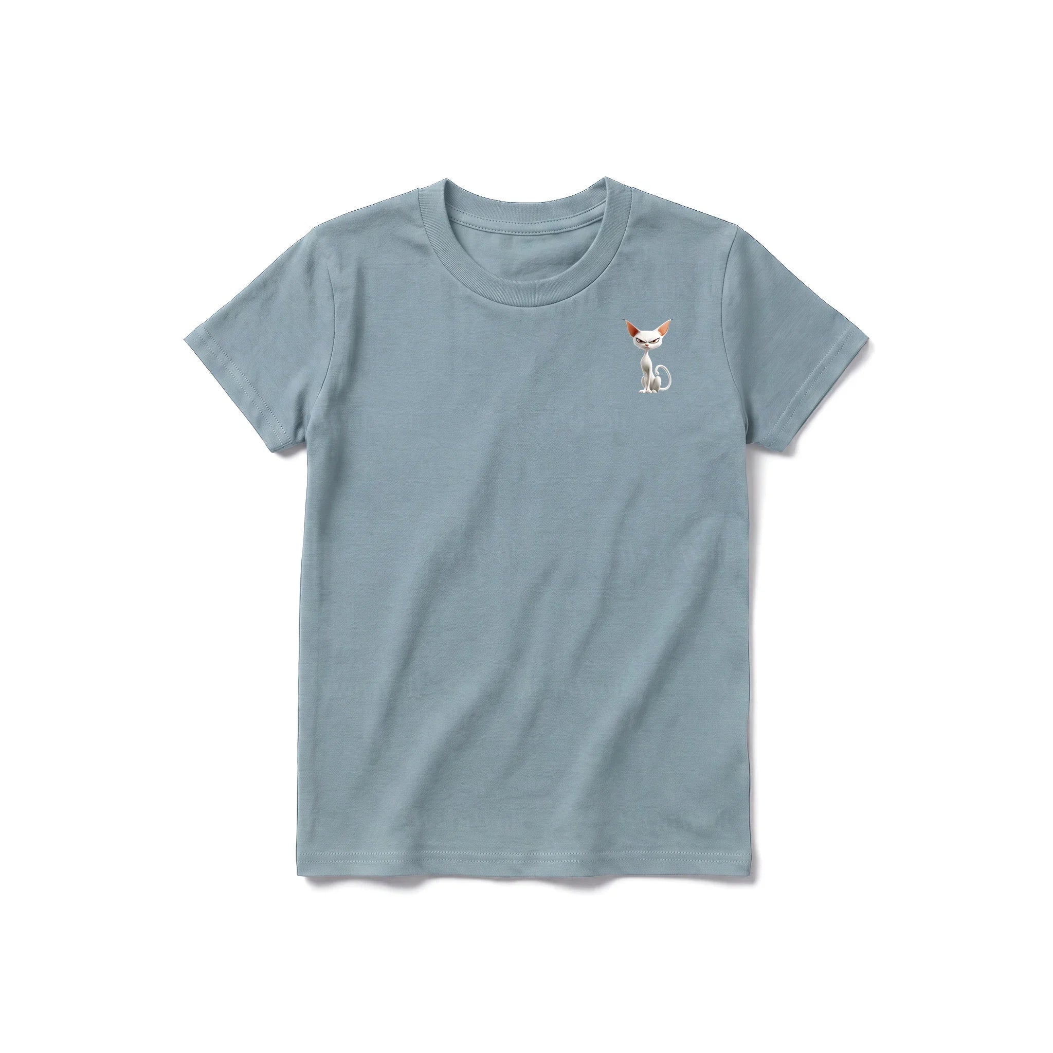 A sage short-sleeve crewneck t-shirt for youth featuring a graphic of a cat on the left chest.