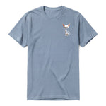 A steel-blue short-sleeve crewneck t-shirt for adult featuring a graphic of a cat on the left chest.