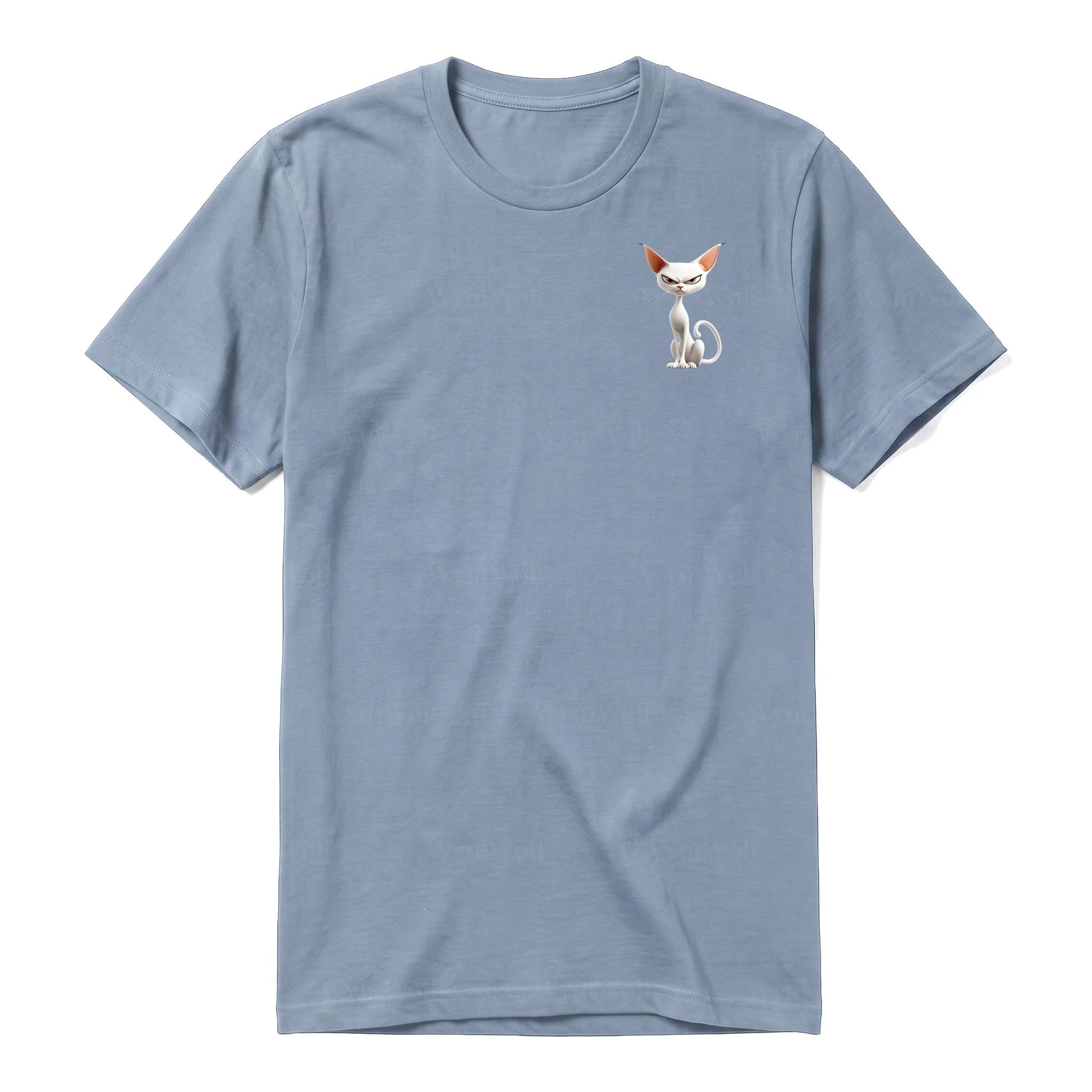 A steel-blue short-sleeve crewneck t-shirt for adult featuring a graphic of a cat on the left chest.