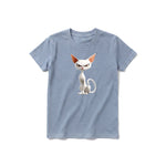 A steel-blue short-sleeve crewneck t-shirt for youth featuring a graphic of a cat on the front.