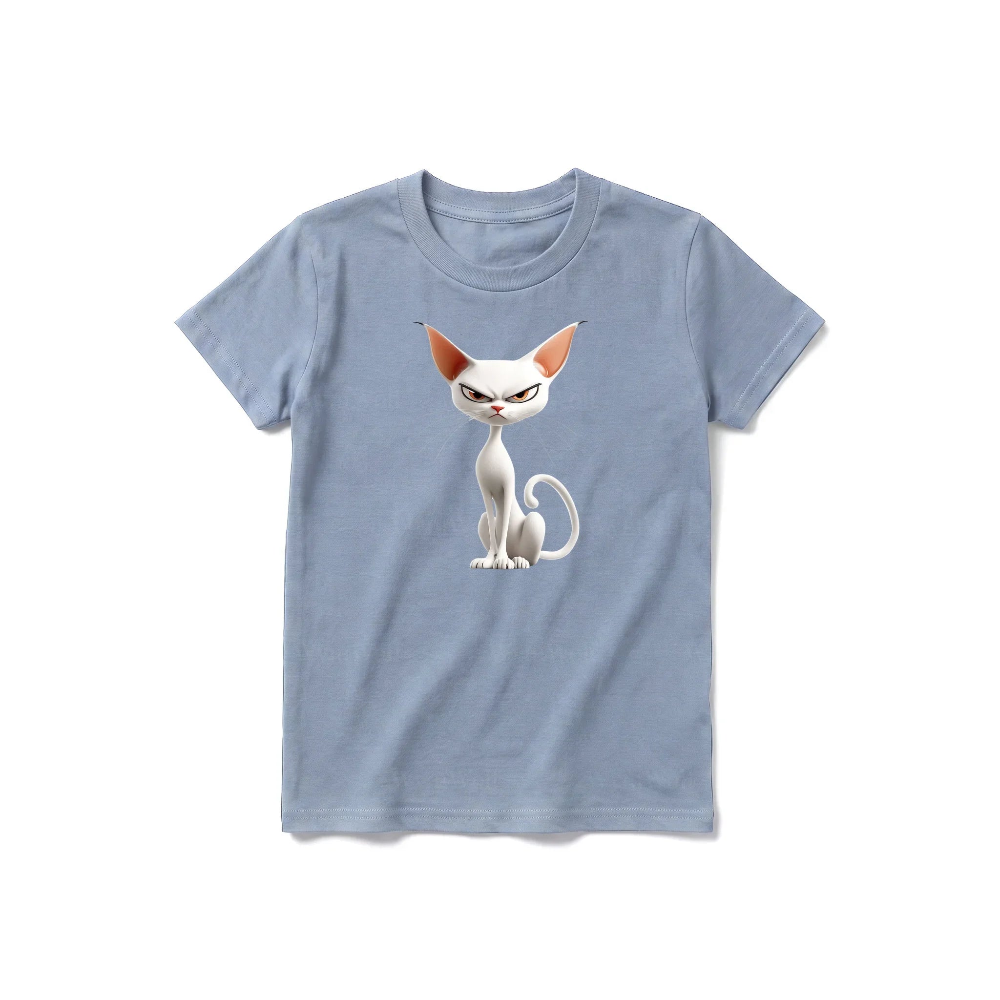A steel-blue short-sleeve crewneck t-shirt for youth featuring a graphic of a cat on the front.