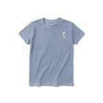 A steel-blue short-sleeve crewneck t-shirt for youth featuring a graphic of a cat on the left chest.