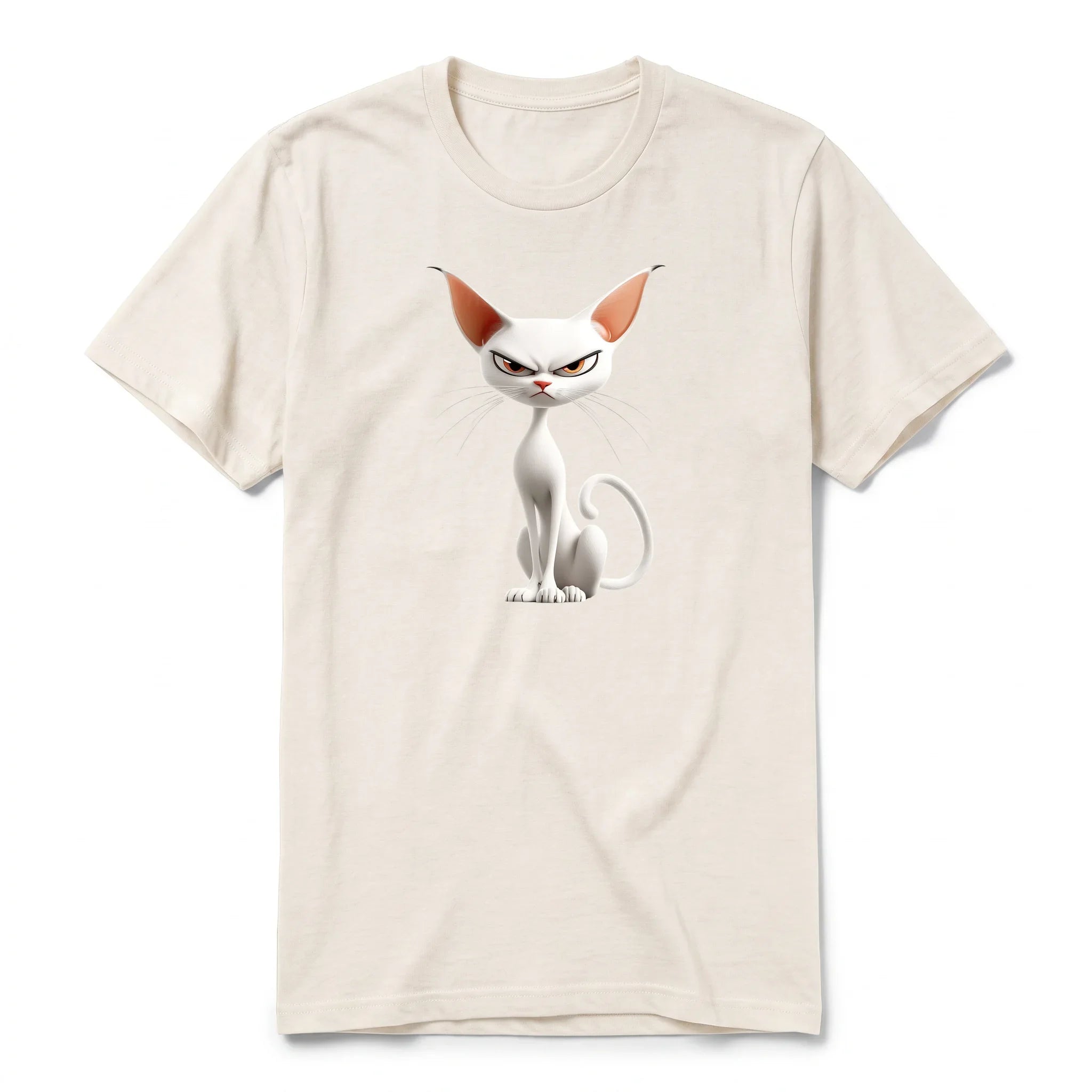 Un T-shirt blanc vintage à manches courtes et col rond, orné d'un motif représentant un chat sur le devant.