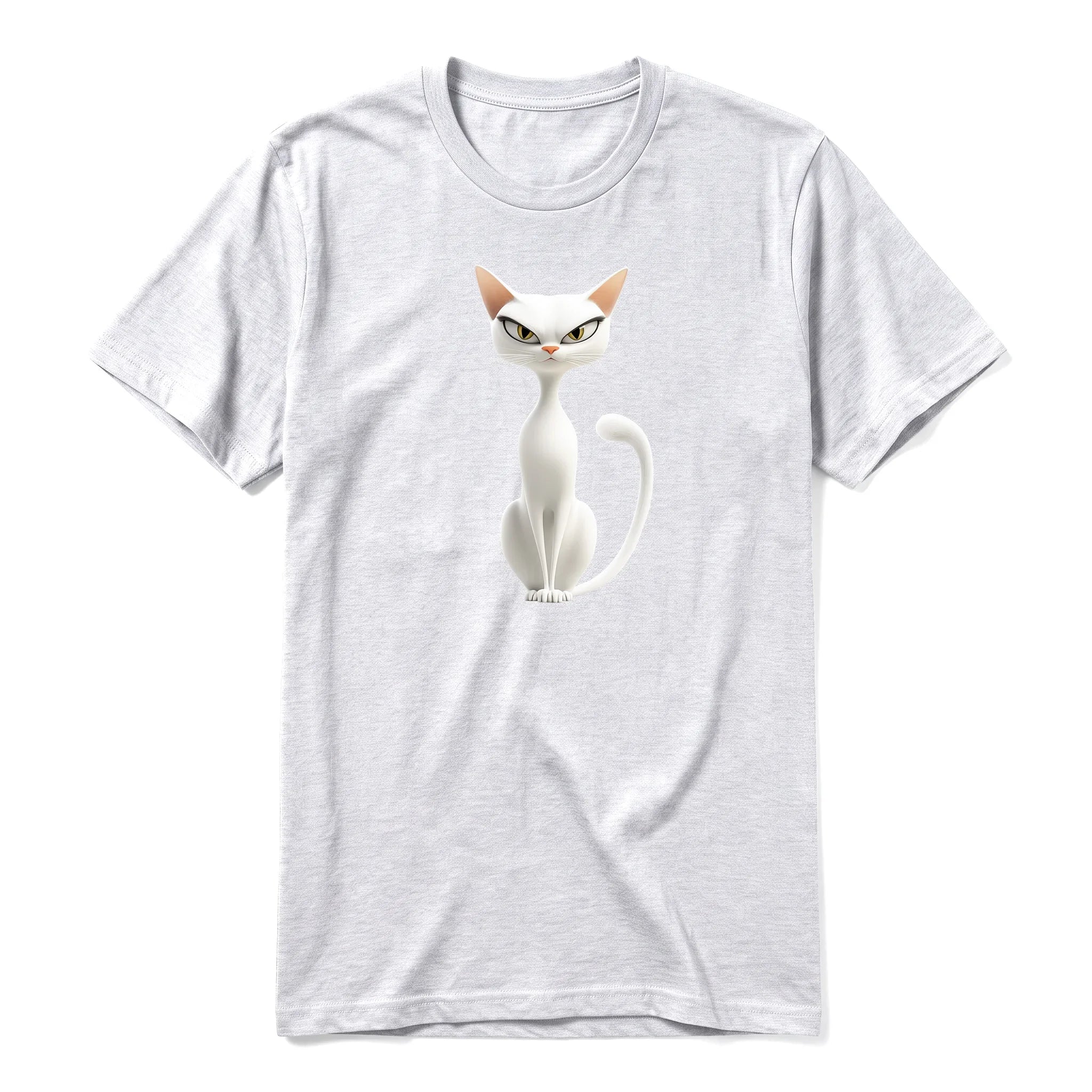 A ash grey short-sleeve crewneck t-shirt for adult featuring a graphic of a cat on the front.