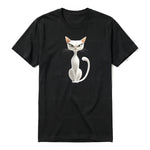 A black short-sleeve crewneck t-shirt for adult featuring a graphic of a cat on the front.