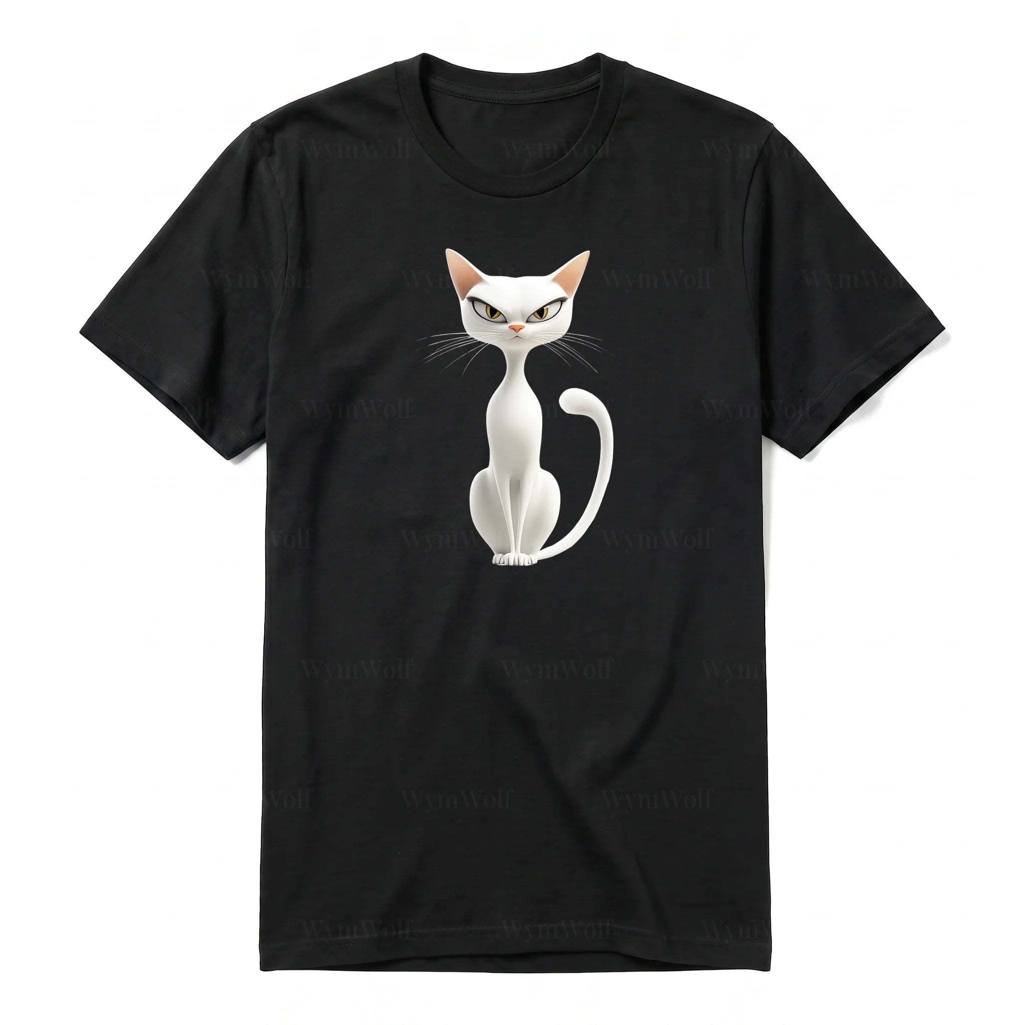 A black short-sleeve crewneck t-shirt for adult featuring a graphic of a cat on the front.
