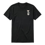 A black short-sleeve crewneck t-shirt for adult featuring a graphic of a cat on the left chest.