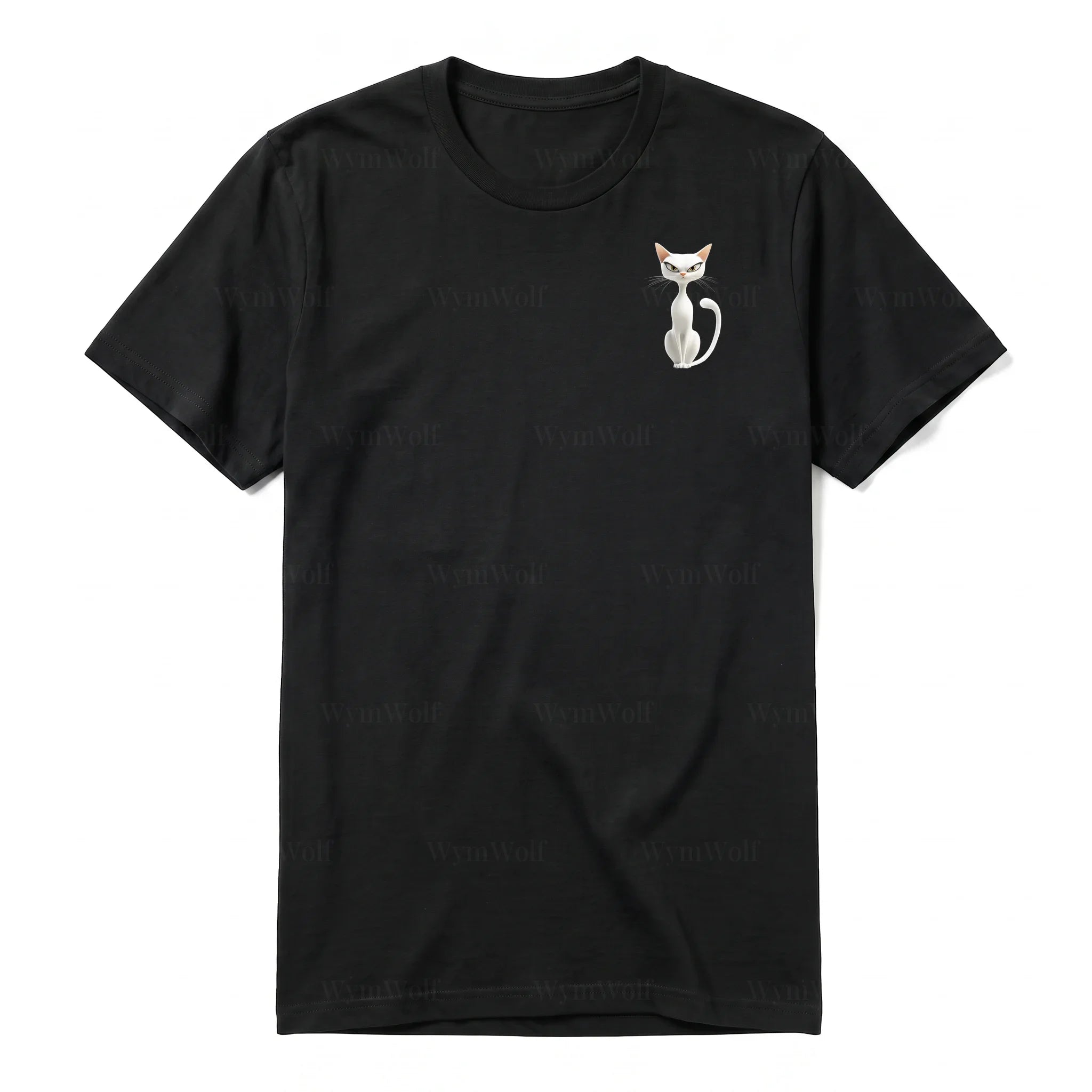 A black short-sleeve crewneck t-shirt for adult featuring a graphic of a cat on the left chest.