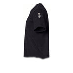 A black short-sleeve crewneck t-shirt  featuring a small graphic of a cat on the upper left sleeve.