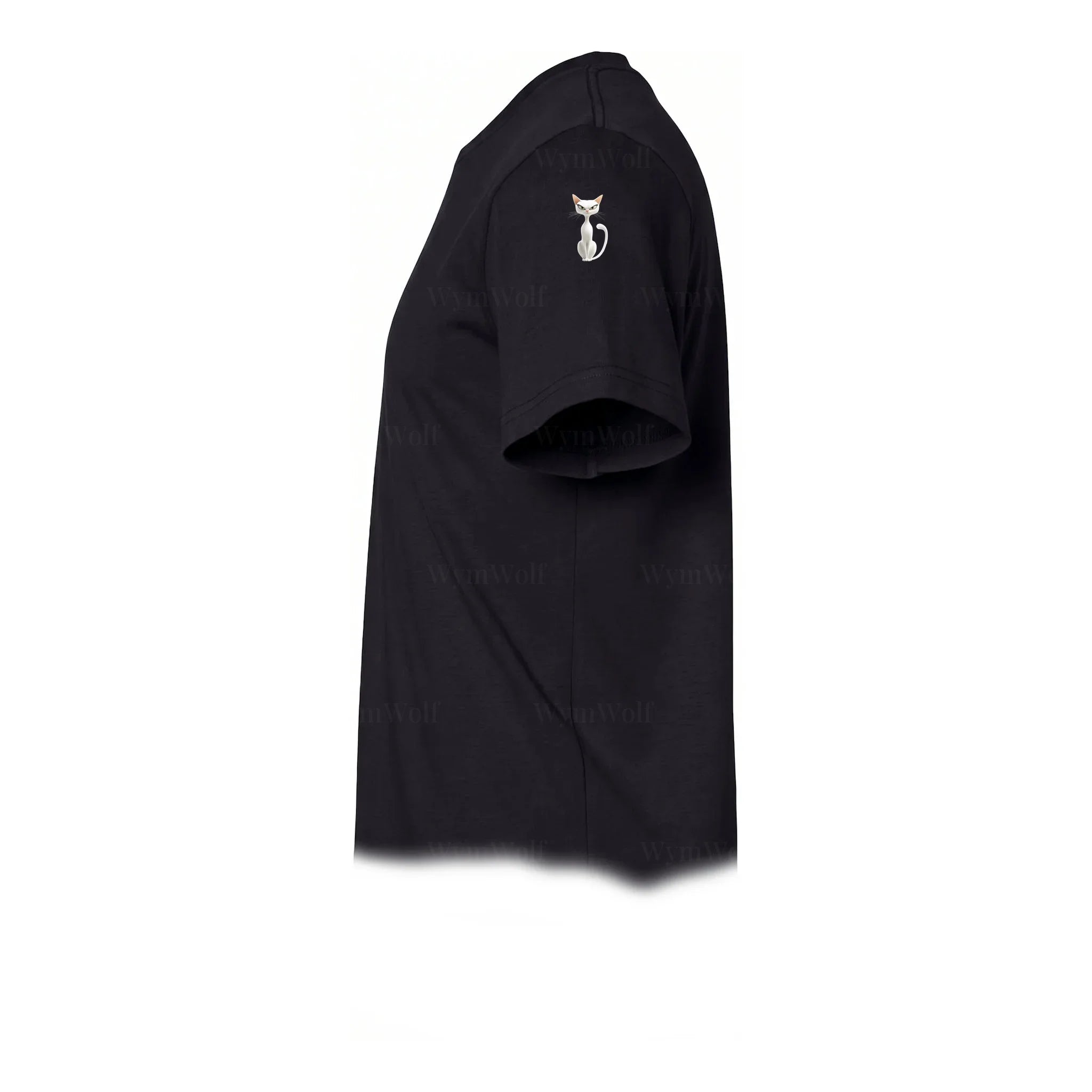 A black short-sleeve crewneck t-shirt  featuring a small graphic of a cat on the upper left sleeve.
