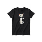 A black short-sleeve crewneck t-shirt for youth featuring a graphic of a cat on the front.