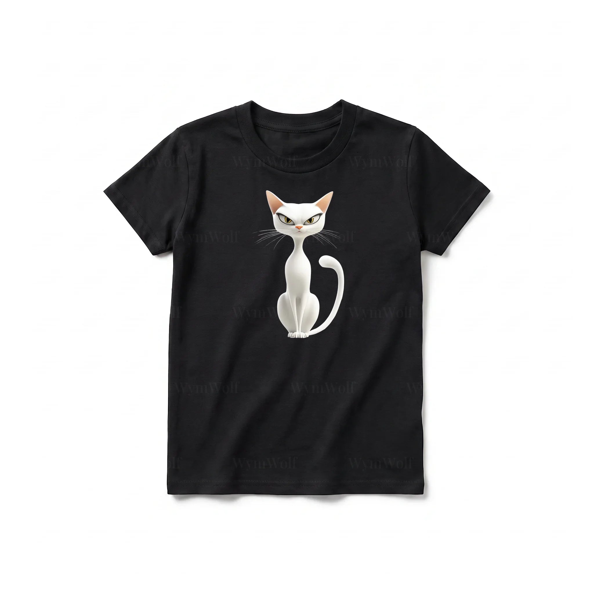 A black short-sleeve crewneck t-shirt for youth featuring a graphic of a cat on the front.