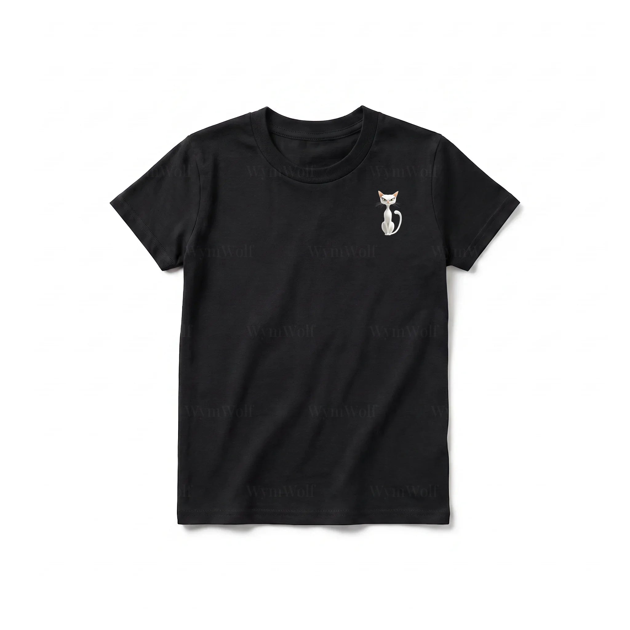 A black short-sleeve crewneck t-shirt for youth featuring a graphic of a cat on the left chest.
