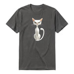 A charcoal short-sleeve crewneck t-shirt for adult featuring a graphic of a cat on the front.