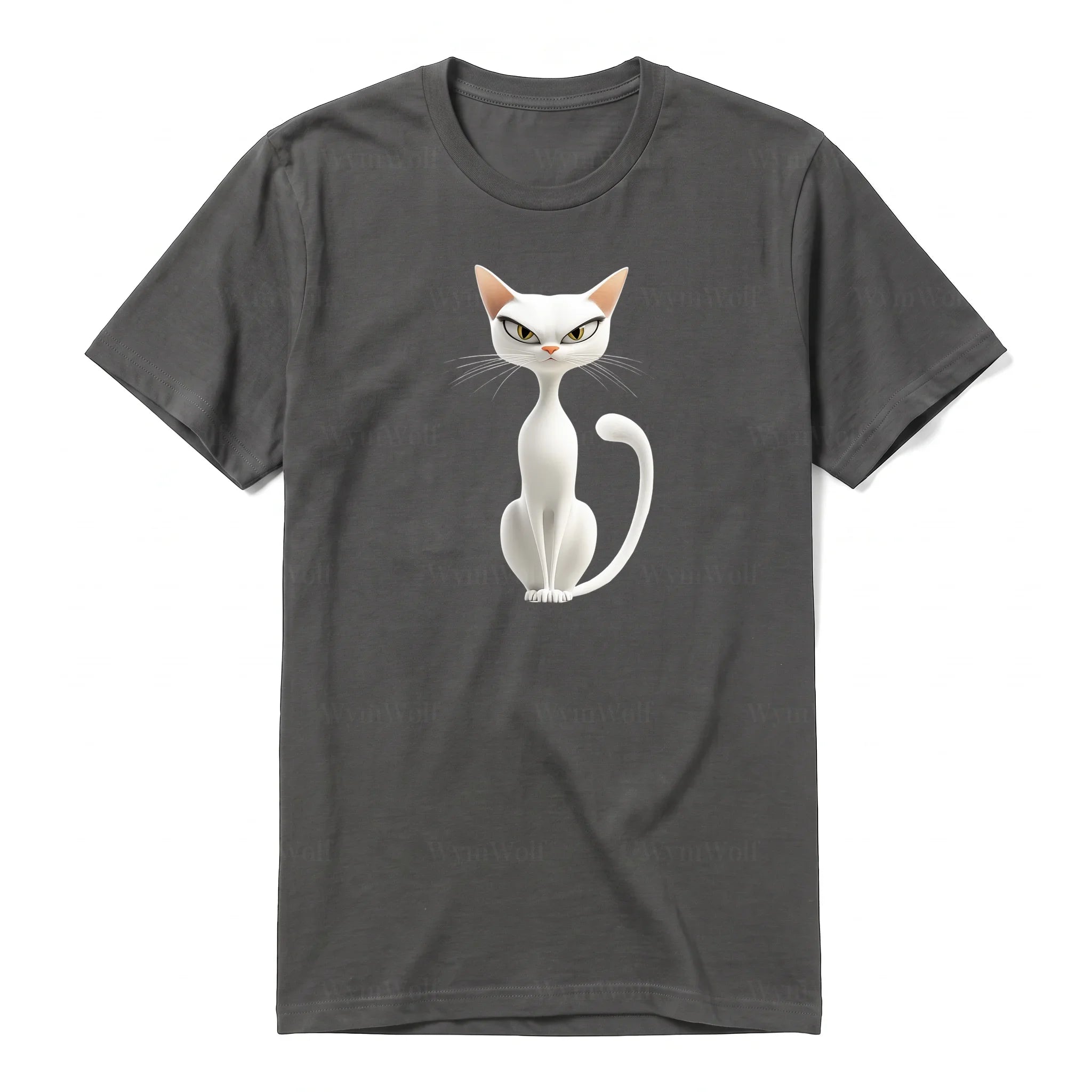 A charcoal short-sleeve crewneck t-shirt for adult featuring a graphic of a cat on the front.