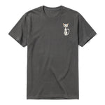 A charcoal short-sleeve crewneck t-shirt for adult featuring a graphic of a cat on the left chest.