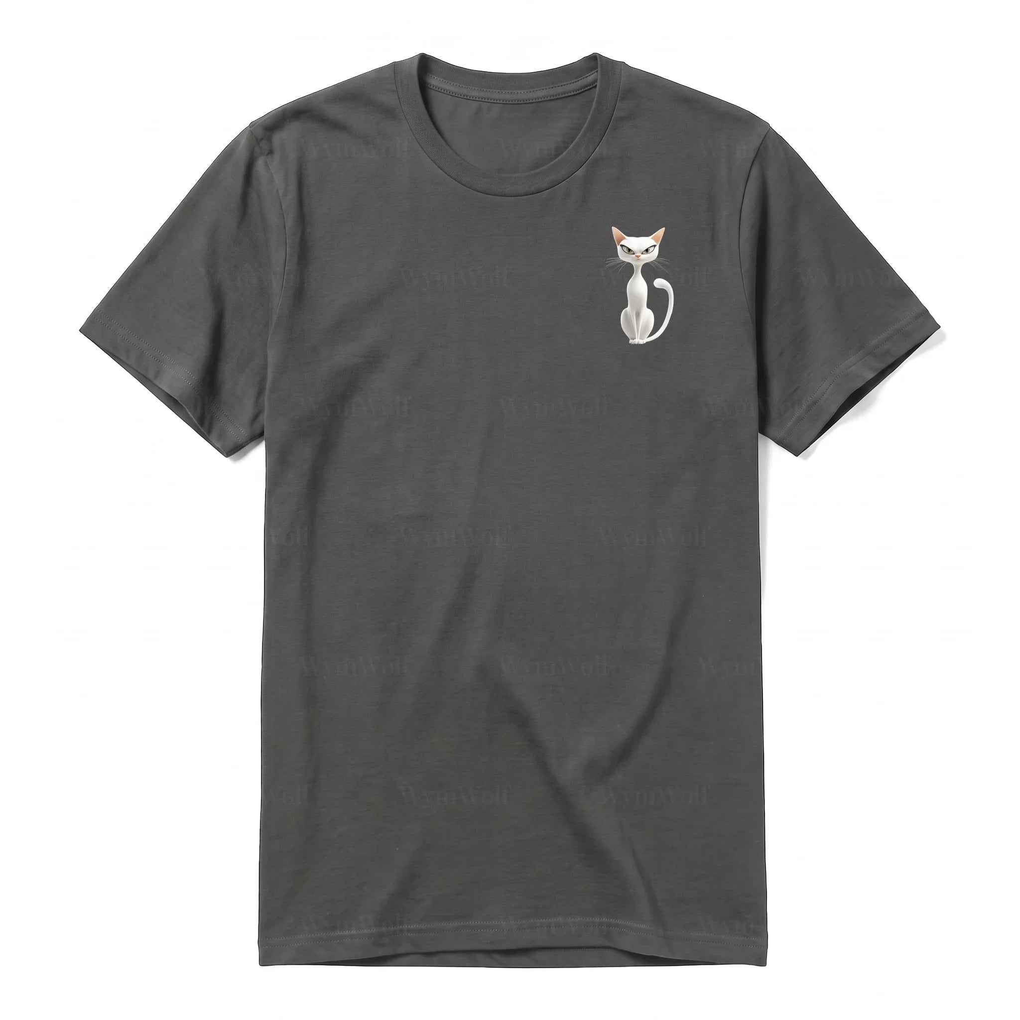 A charcoal short-sleeve crewneck t-shirt for adult featuring a graphic of a cat on the left chest.