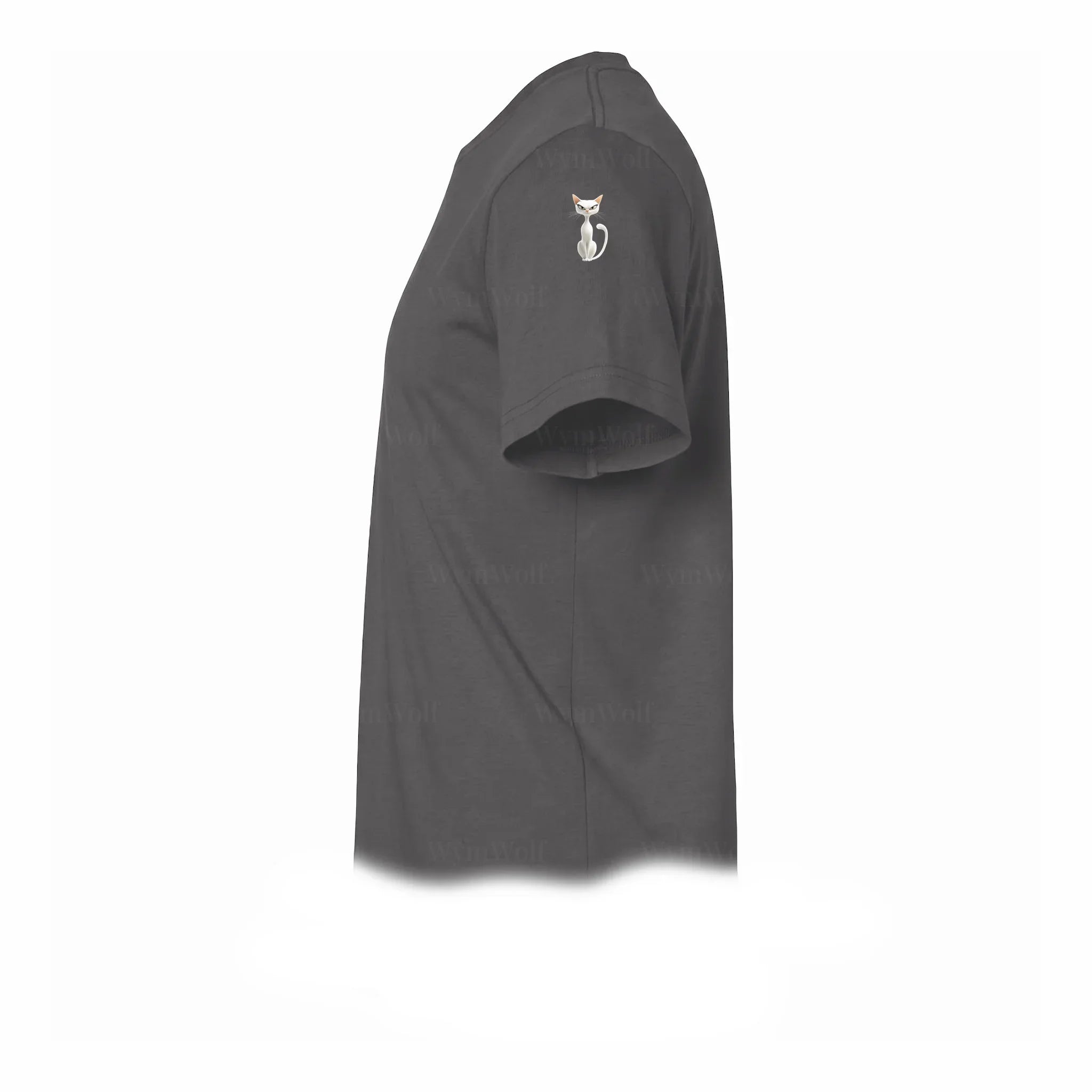 A charcoal short-sleeve crewneck t-shirt  featuring a small graphic of a cat on the upper left sleeve.
