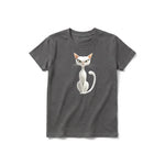 A charcoal short-sleeve crewneck t-shirt for youth featuring a graphic of a cat on the front.