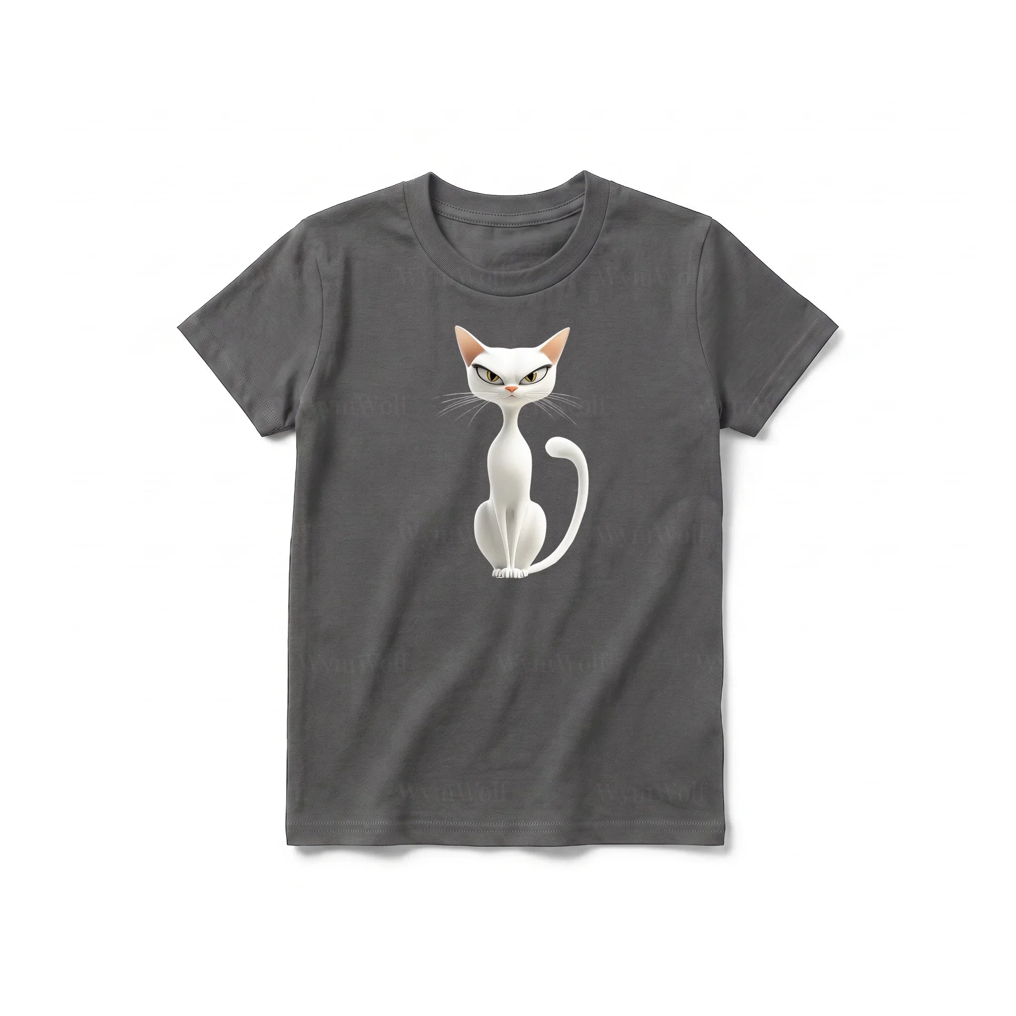 A charcoal short-sleeve crewneck t-shirt for youth featuring a graphic of a cat on the front.