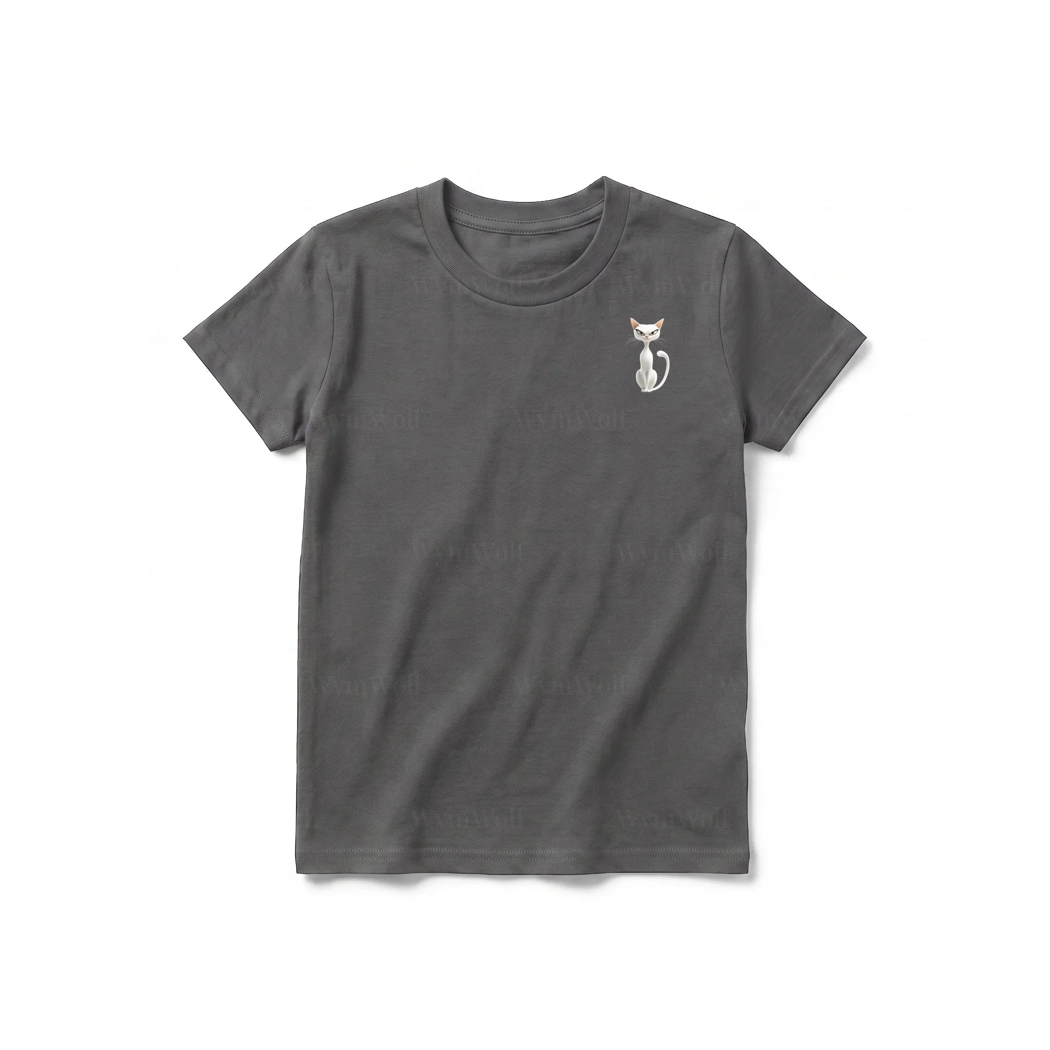 A charcoal short-sleeve crewneck t-shirt for youth featuring a graphic of a cat on the left chest.