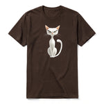 A chocolate short-sleeve crewneck t-shirt for adult featuring a graphic of a cat on the front.