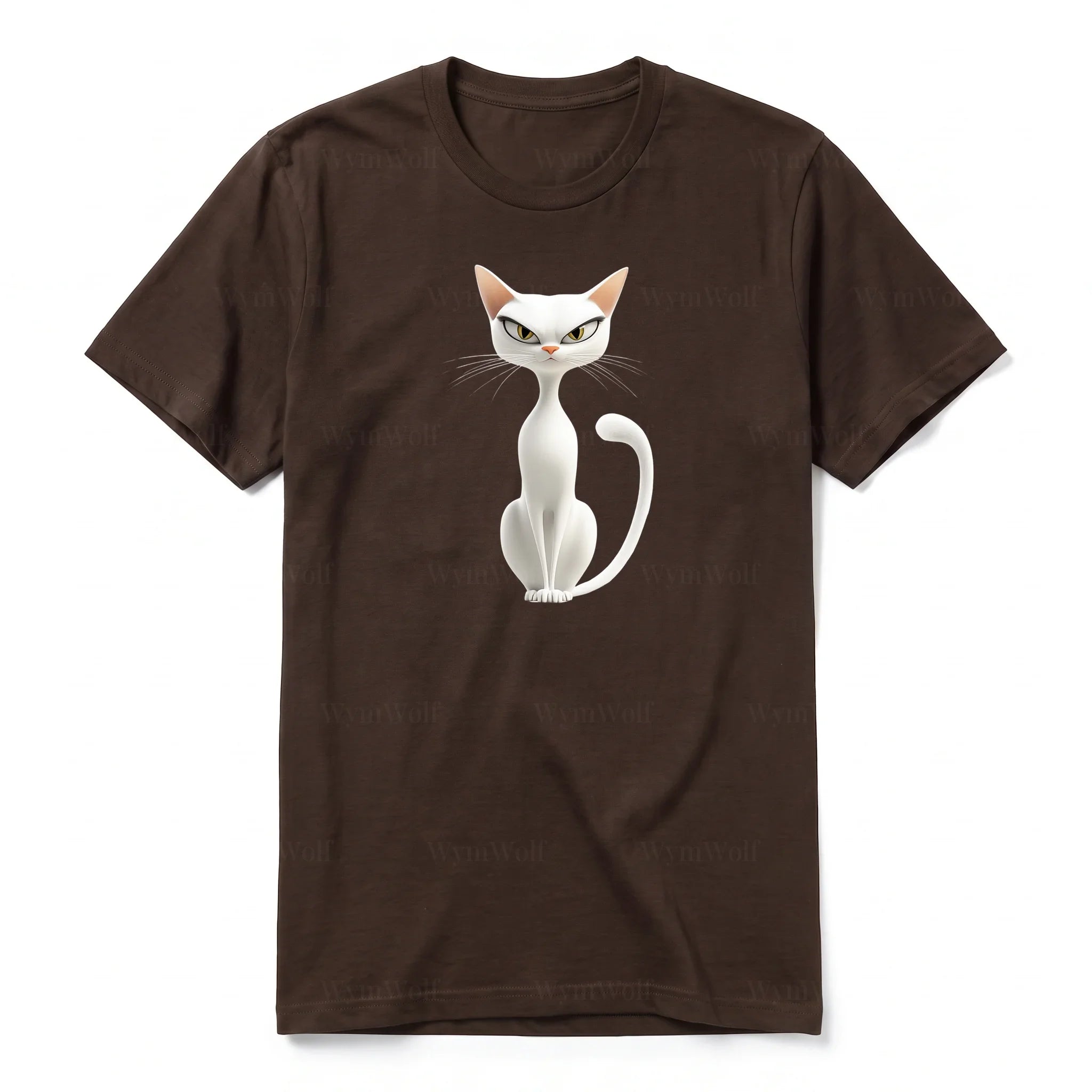 A chocolate short-sleeve crewneck t-shirt for adult featuring a graphic of a cat on the front.