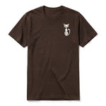 A chocolate short-sleeve crewneck t-shirt for adult featuring a graphic of a cat on the left chest.