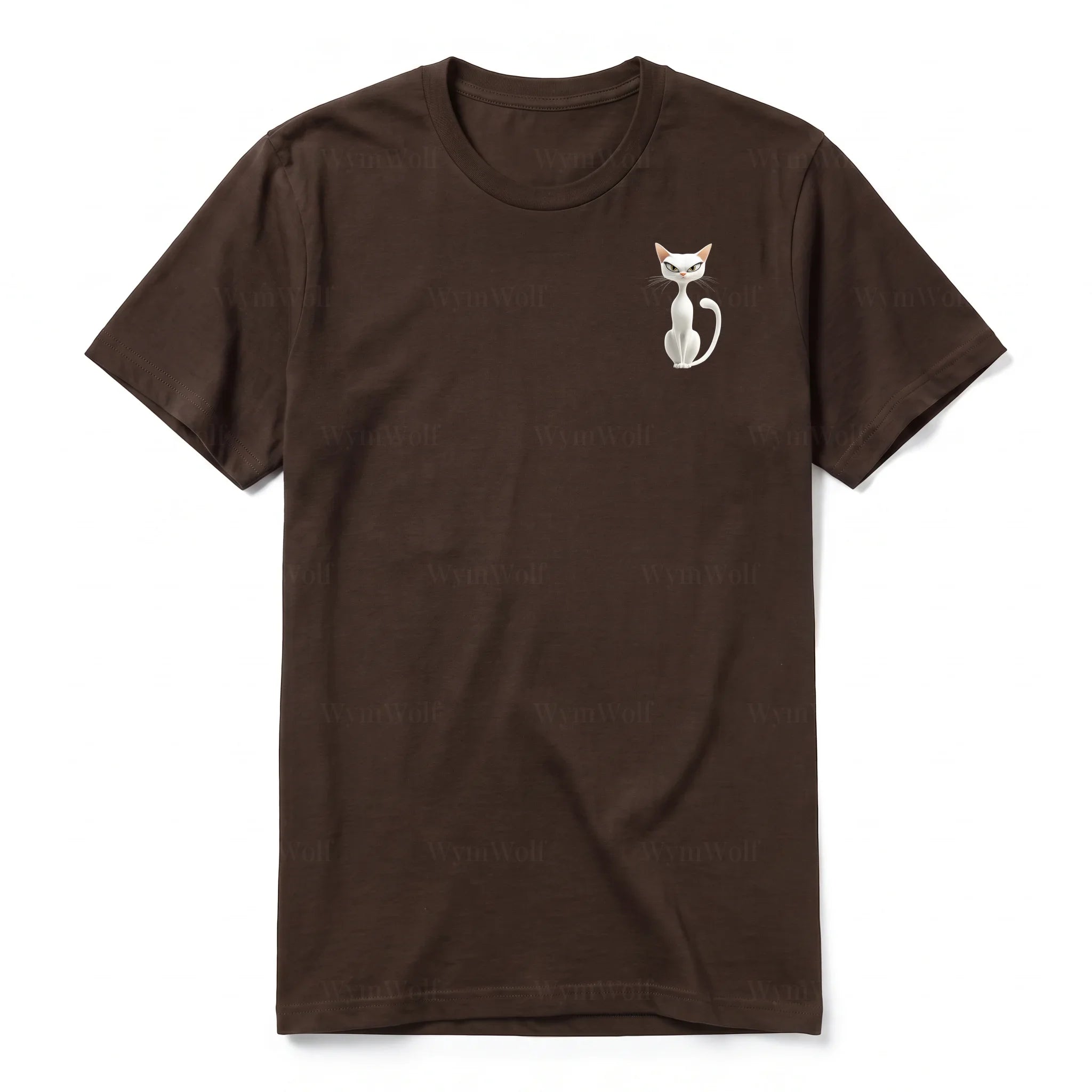 A chocolate short-sleeve crewneck t-shirt for adult featuring a graphic of a cat on the left chest.