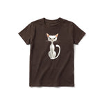 A chocolate short-sleeve crewneck t-shirt for youth featuring a graphic of a cat on the front.