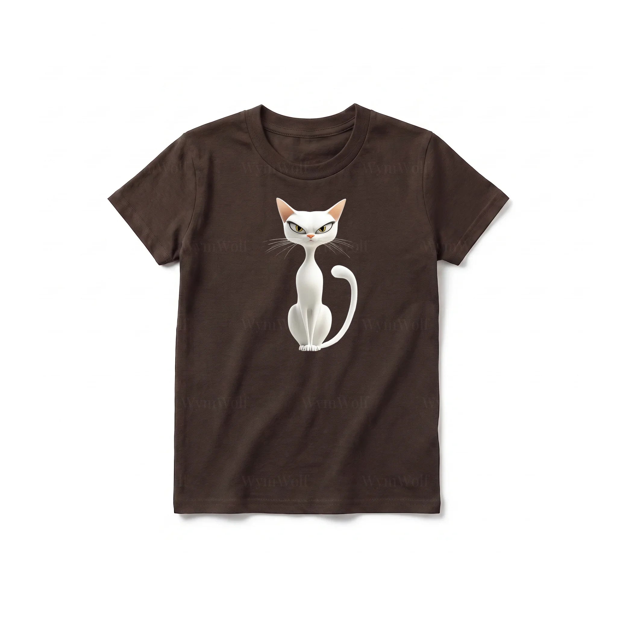 A chocolate short-sleeve crewneck t-shirt for youth featuring a graphic of a cat on the front.