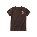 A chocolate short-sleeve crewneck t-shirt for youth featuring a graphic of a cat on the left chest.