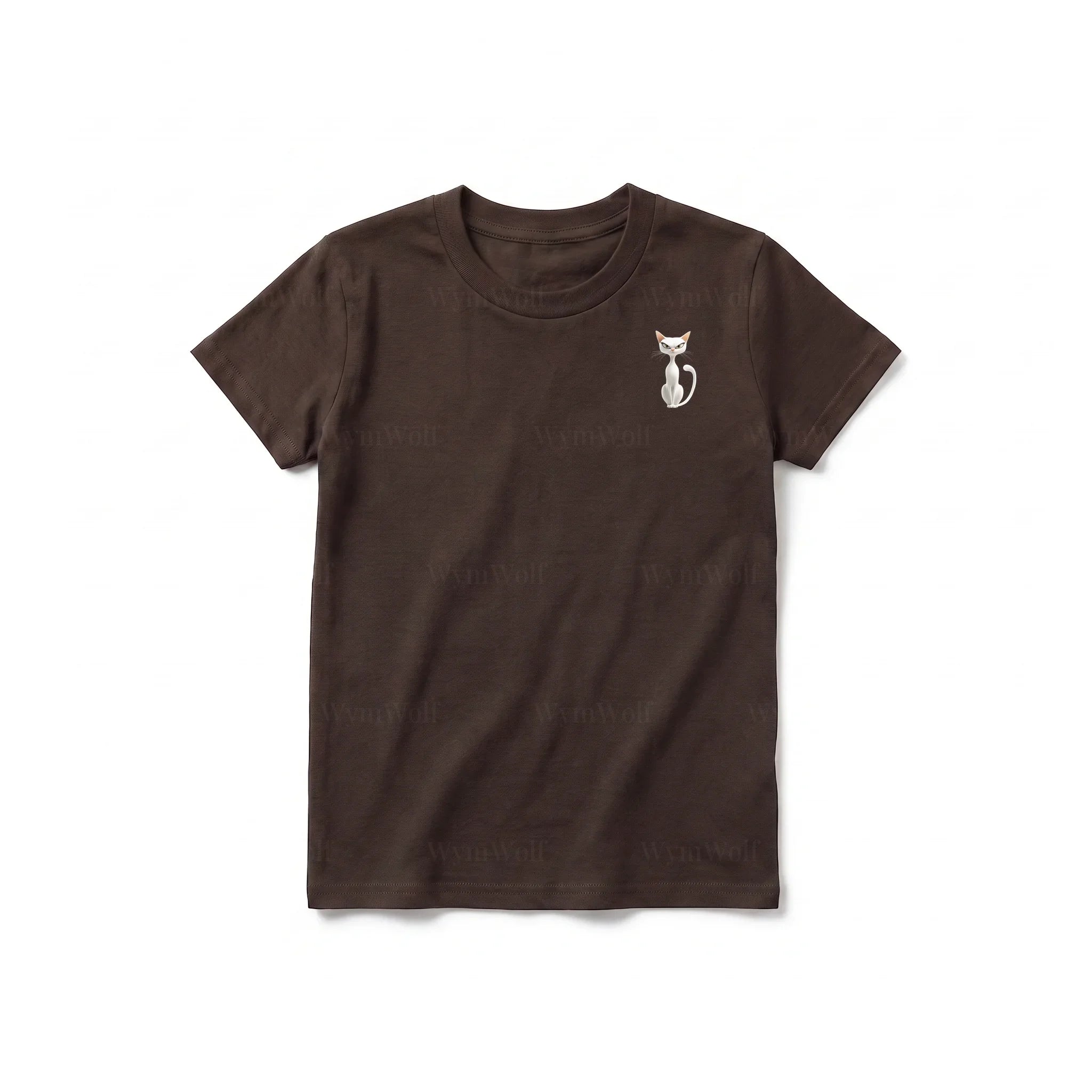 A chocolate short-sleeve crewneck t-shirt for youth featuring a graphic of a cat on the left chest.