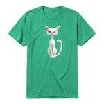 A kelly short-sleeve crewneck t-shirt for adult featuring a graphic of a cat on the front.